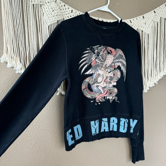 Y2K Ed Hardy Crewneck Sweatshirt skull boxy fit distressed F - Picture 3 of 9